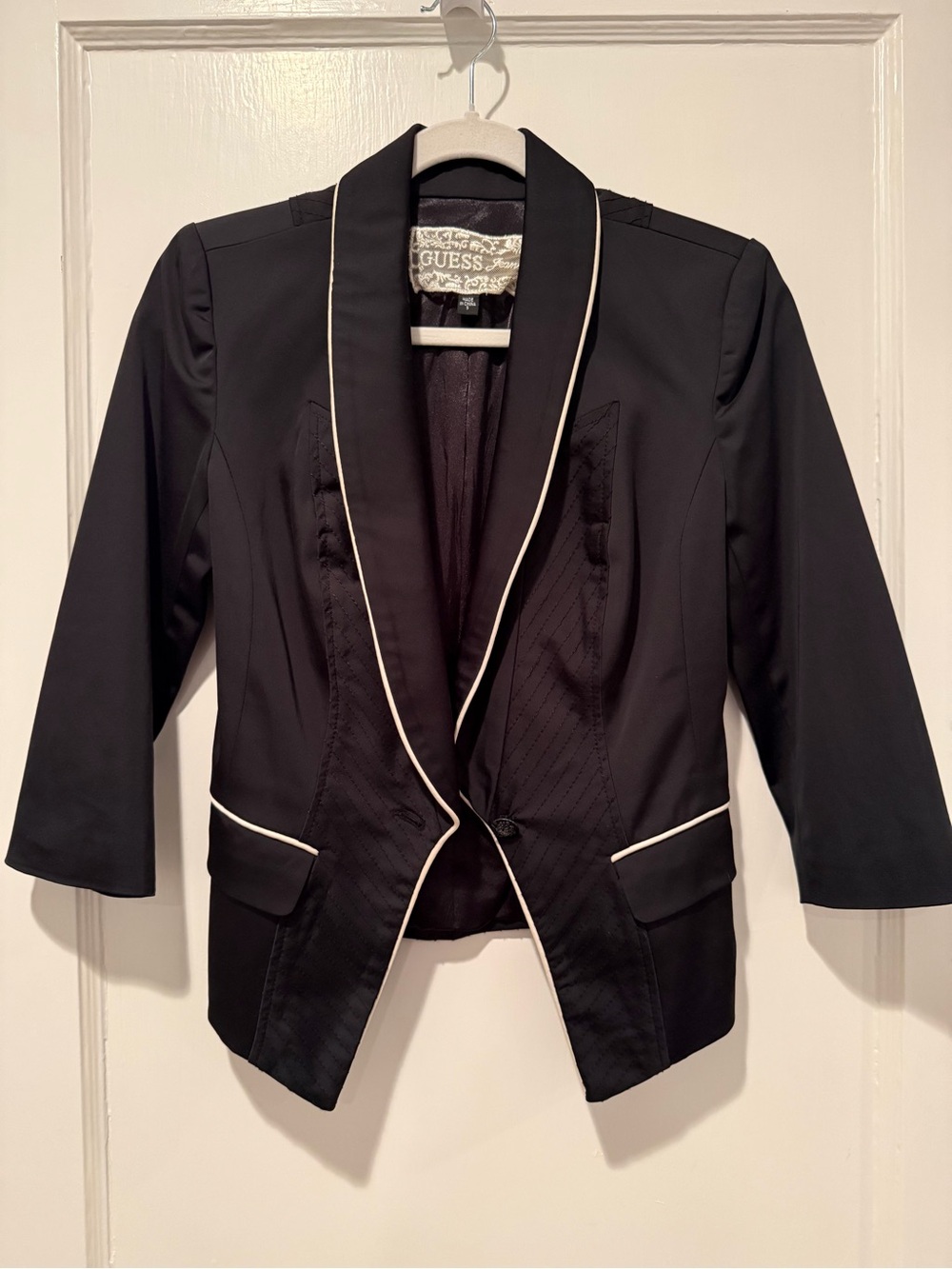 GUESS Black Satin Tuxedo Blazer with White Piping